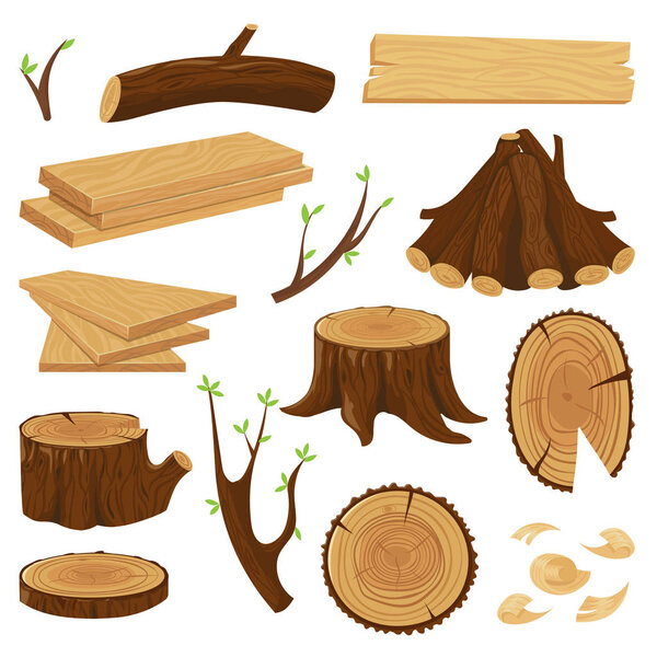 Деревянный ствол. Упакованные дрова, стволы деревьев и куча изолированного векторного набора бревен

