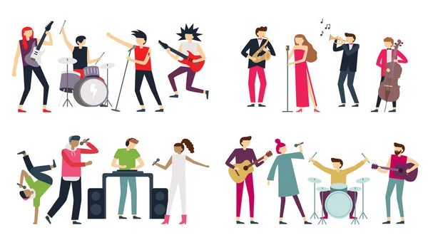 Muziekband. Jazz blues, punkrock en indie popbands. Metal gitarist, drummer en rap zanger geïsoleerd muzikanten vector set — Stockvector