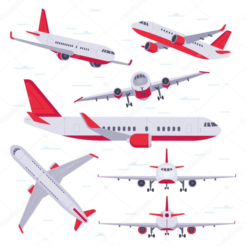 Flat airplane. Aircraft flight travel, aviation wings and landing airplanes isolated vector illustration