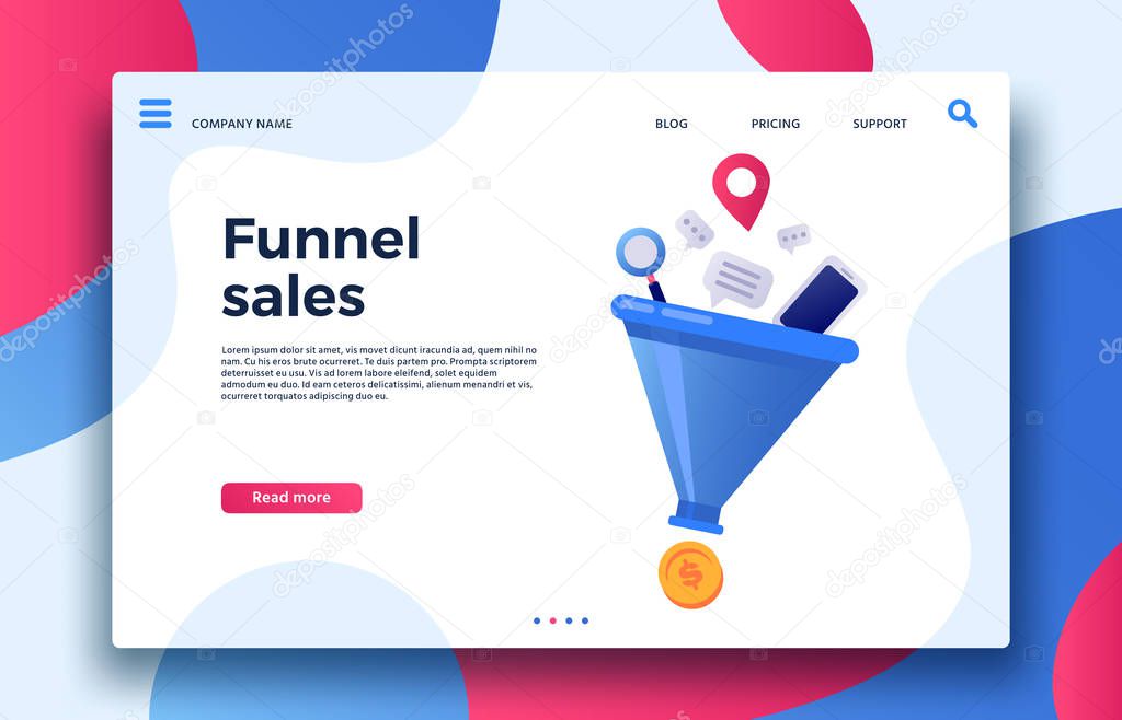 Funnel sales. Landing page business marketing sales generation, buyer conversion and money profit generations vector illustration