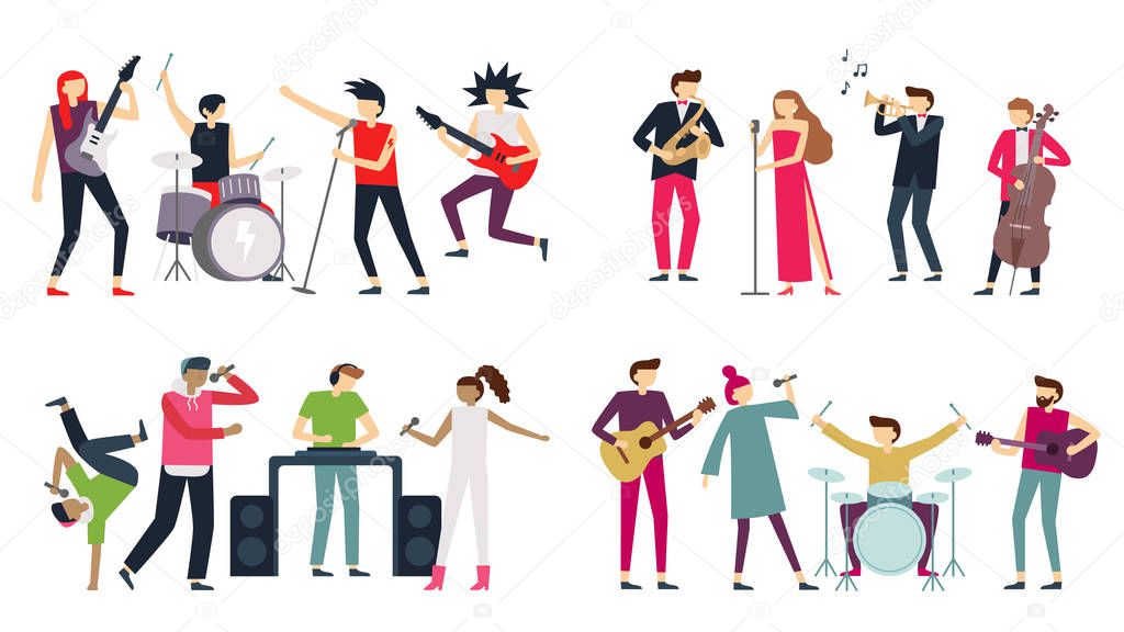 Music band. Jazz blues, punk rock and indie pop bands. Metal guitarist, drummer and rap singer isolated musicians vector set