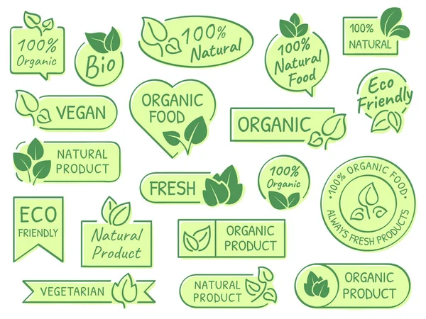 Groene bladeren etiketten. Eco, gezonde en natuurlijke producten. Gecertificeerde kwaliteit vers biologisch vegetarisch voedsel vector label concept — Stockvector