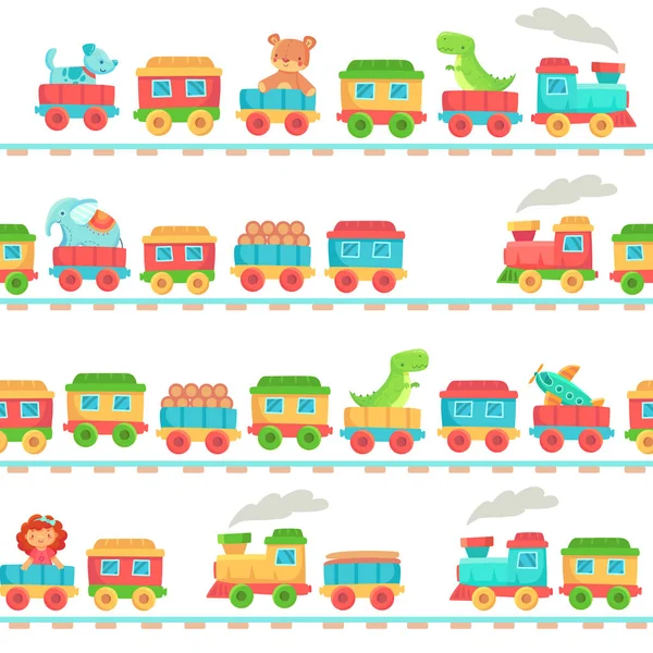 Patrón de tren de juguete infantil. Juguetes de ferrocarril para niños, transporte de trenes para bebés sobre raíles e ilustración de vectores sin costura para ferrocarriles infantiles — Vector de stock