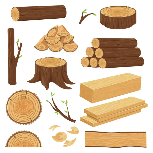 Des malles en bois. Matériel de bois empilé, brindilles de tronc et rameaux de bois de chauffage. souche d'arbre, vieux jeu de vecteur de dessin animé isolé de planche de bois — Image vectorielle