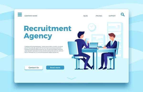 Recruitment bureau. Zakelijke werkgelegenheid bestemmingspagina, vinden en inhuren van werknemers agentschappen online site vector sjabloon — Stockvector