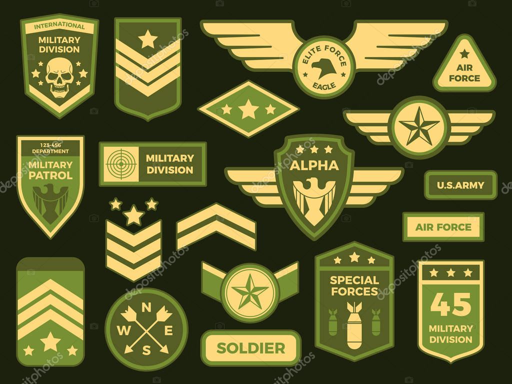 Military badges. American army badge patch or airborne squadron chevron. Badging, military air force medals emblem. Insignia vector isolated symbols illustration collection