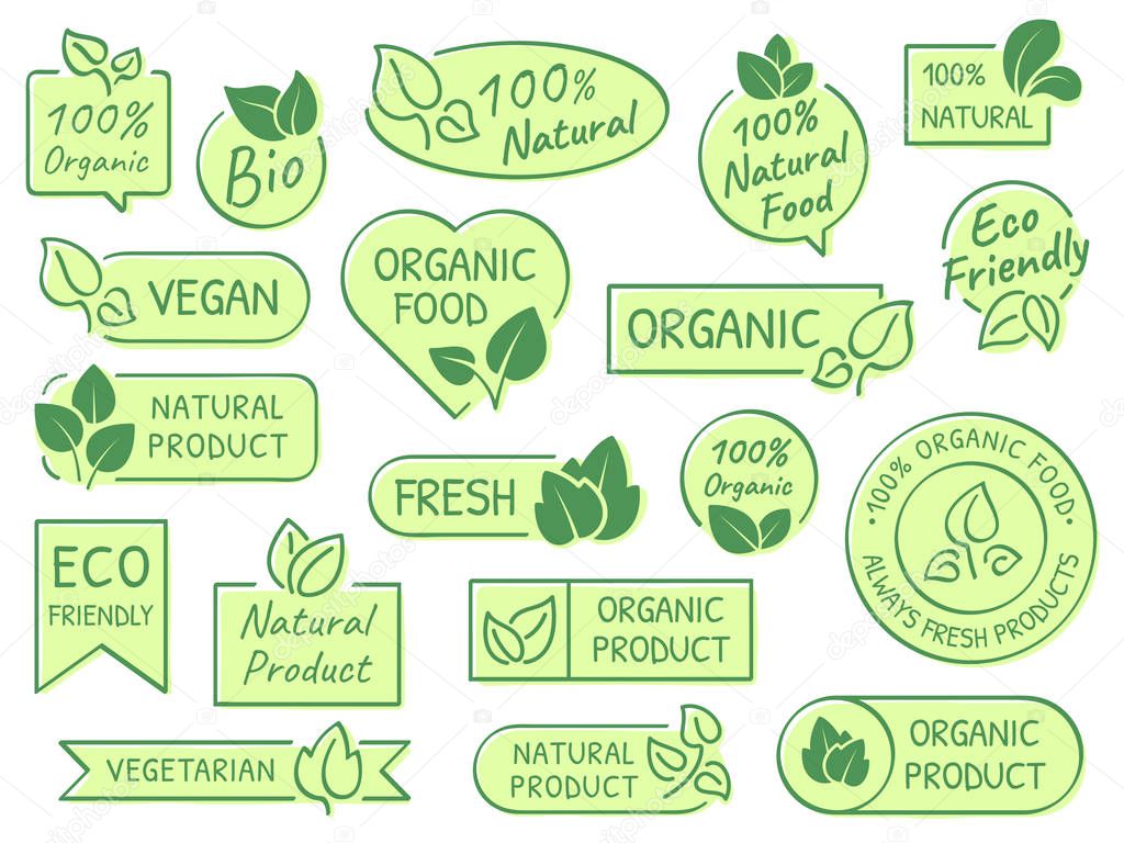 Green leaves labels. Eco, healthy and natural products. Certified quality fresh organic vegetarian food vector label concept