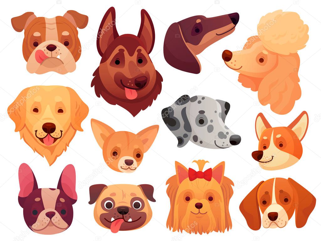 Cute dog face. Puppy pets, dogs animals breed and puppies heads vector illustration set