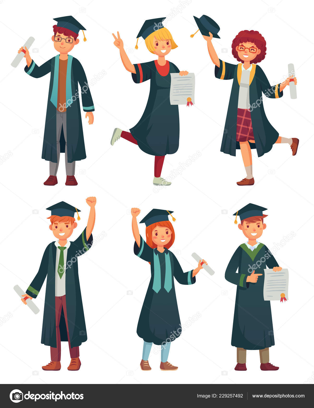 Graduates students. College student in graduation gowns, educated university  graduating man and woman characters cartoon vector set Stock Vector Image  by ©.com #229257492