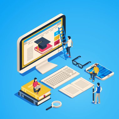 İzometrik online eğitim. Internet sınıf, öğrenci bilgisayar dersinde öğrenme. Online Üniversite mezun 3d vektör çizim
