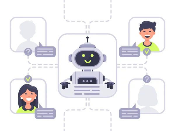 O ser humano comunica com o chatbot. Assistente virtual, suporte e conversa de assistência online com ilustração de vetor de bot de bate-papo —  Vetores de Stock