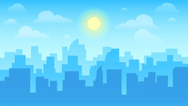 Paisaje urbano. Arquitectura de la ciudad, edificios de rascacielos y paisaje de la ciudad con sol en el cielo nublado vector fondo ilustración — Vector de stock