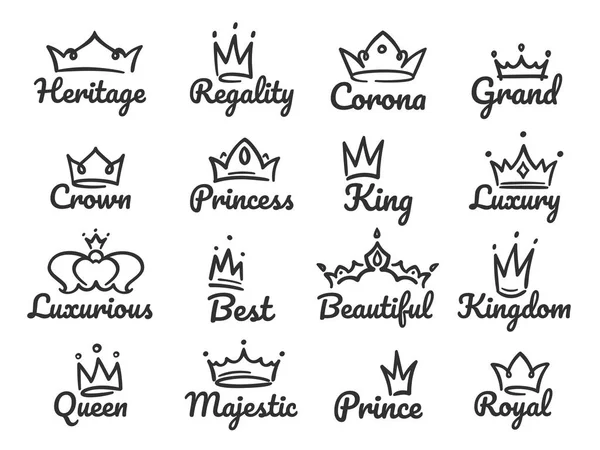 Majestoso logotipo da coroa. Esboço príncipe e princesa, mão desenhada rainha sinal ou rei coroas grafite vetor ilustração conjunto —  Vetores de Stock