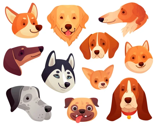 Cabeça de cão dos desenhos animados. Engraçado filhote de cachorro focinho de estimação, sorridente cão rosto e cães isolado vetor ilustração coleção —  Vetores de Stock