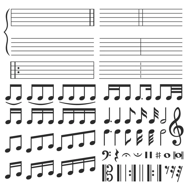 Music notes. Musical melody notation, note tone and treble clef swirl shape. Notes icons vector set