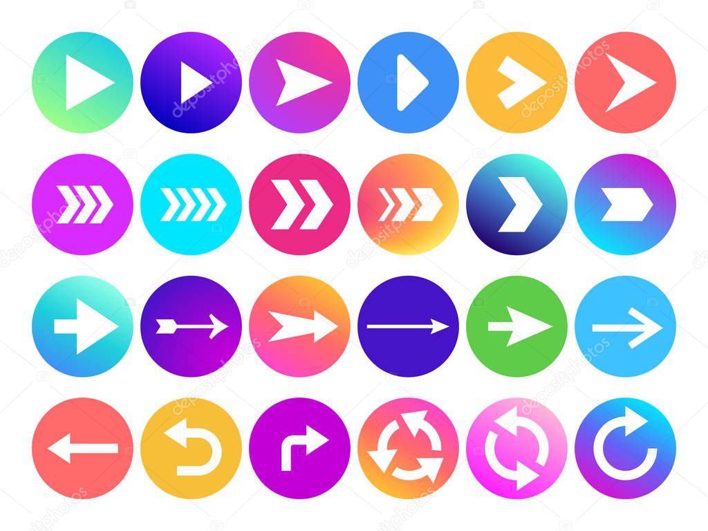 Arrows in circle icon. Website navigation arrow button, colorful gradient round back or next sign and web arrowhead vector icons