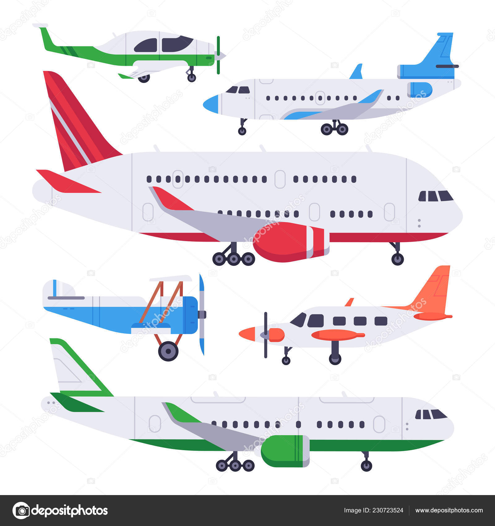 Airplane flying in sky. Jet plane fly in clouds, airplanes travel and  vacation aircraft. Flight plane, airplane trip to airport or airline  transportation.Flat airplane vector illustration, Stock Vector