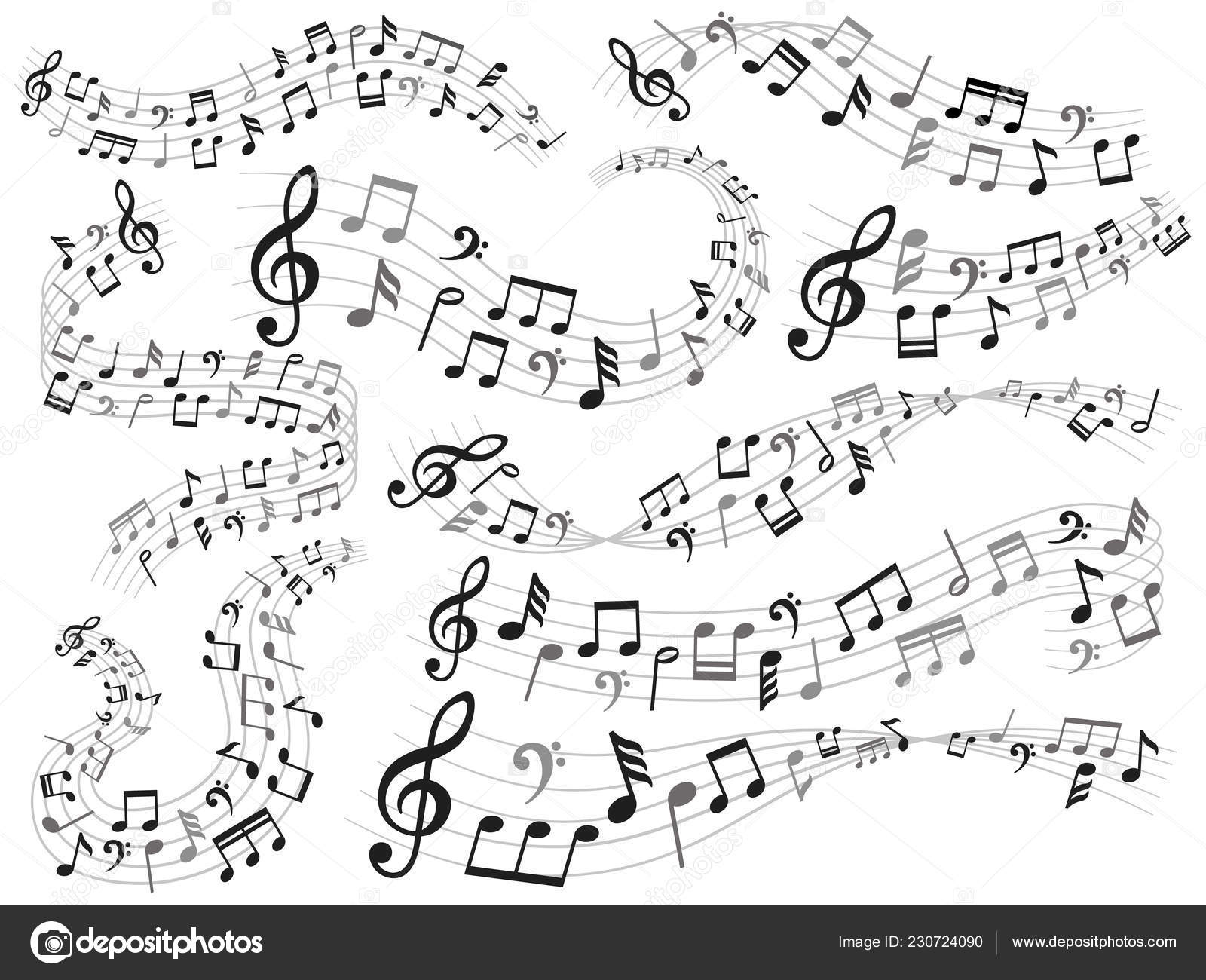 Musical notes. Music note swirl, melody pattern and sound waves with ...
