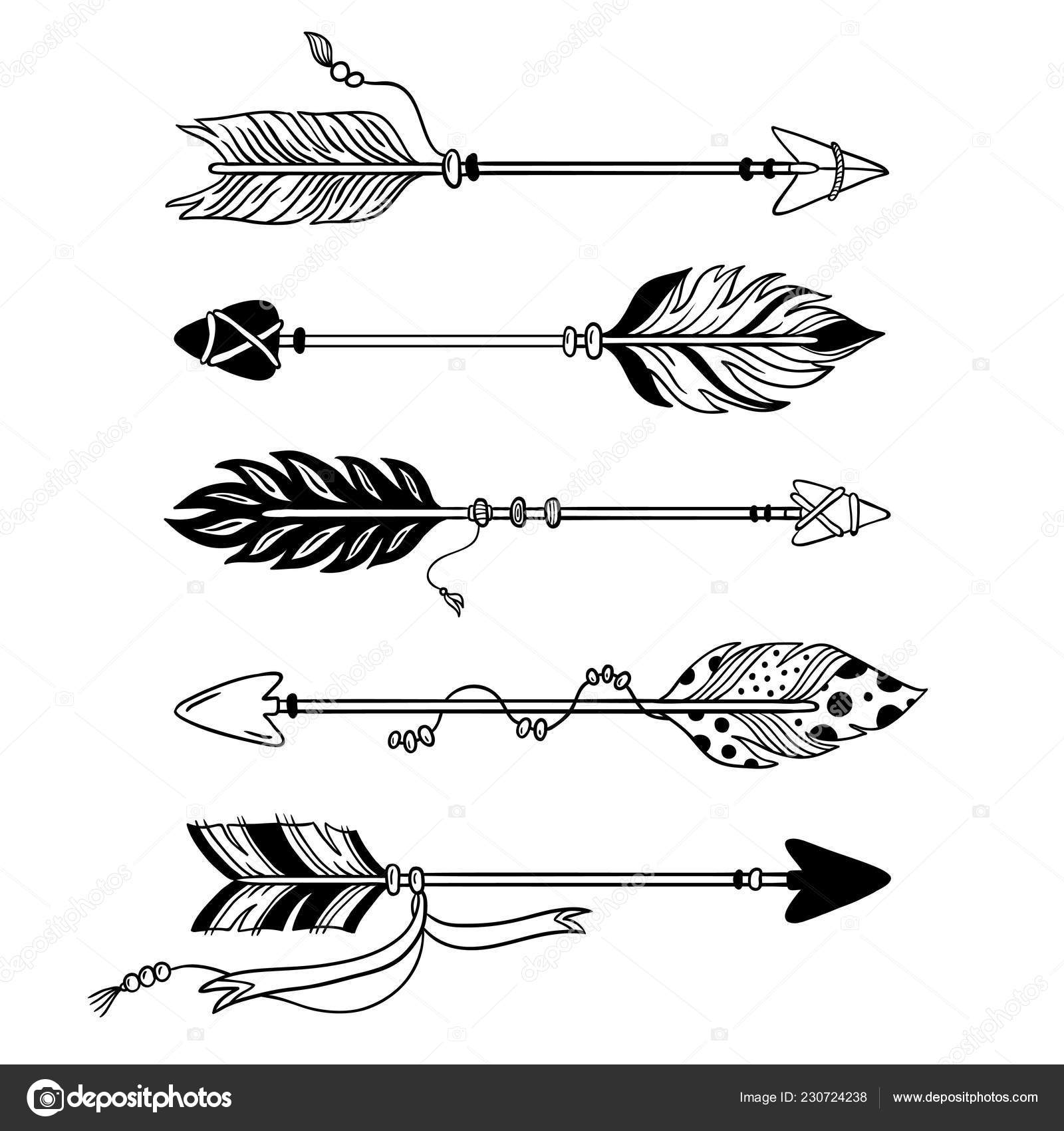 Feather and arrow tattoo Ethnic arrows. Hand drawn feather arrow