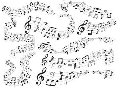 Müzik notaları. Müzik Not girdap, melodi desen ve ses dalgaları ile notlar vektör çizim set