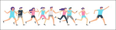 Koşu koşucu grubu. Sabah çalışan, yetişkin insanlar spor çalışma ve açık eğitim jog. Fitness runner düz vektör çizim