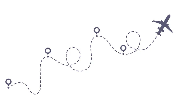 Vliegtuig bezaaid route lijn. Toerisme route vliegroute, vliegtuig vluchten route start aan vastmaken bestemming punt vectorillustratie — Stockvector