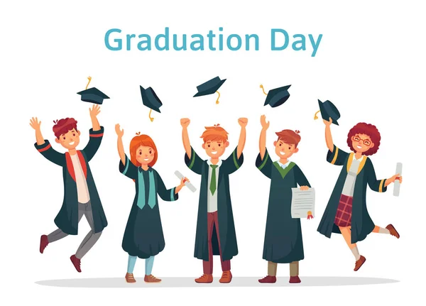 Graduate students. Graduation day of university student, success exam and college group throwing up academic caps vector illustration — Stock Vector