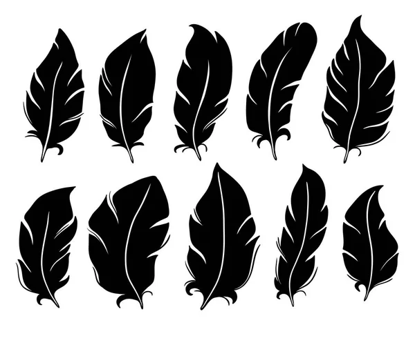 Feather silhouette. Bird wing feathers, lung quill and vintage pen isolated vector illustration set — Stock Vector