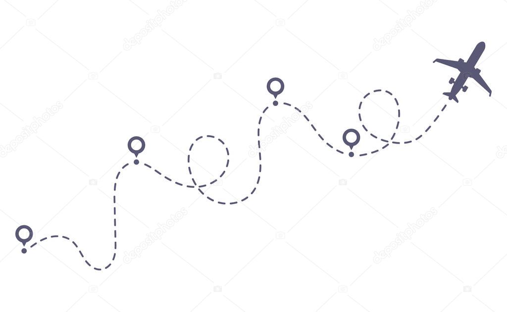 Airplane dotted route line. Flight tourism route path, plane flights itinerary starting pin to destination point vector illustration