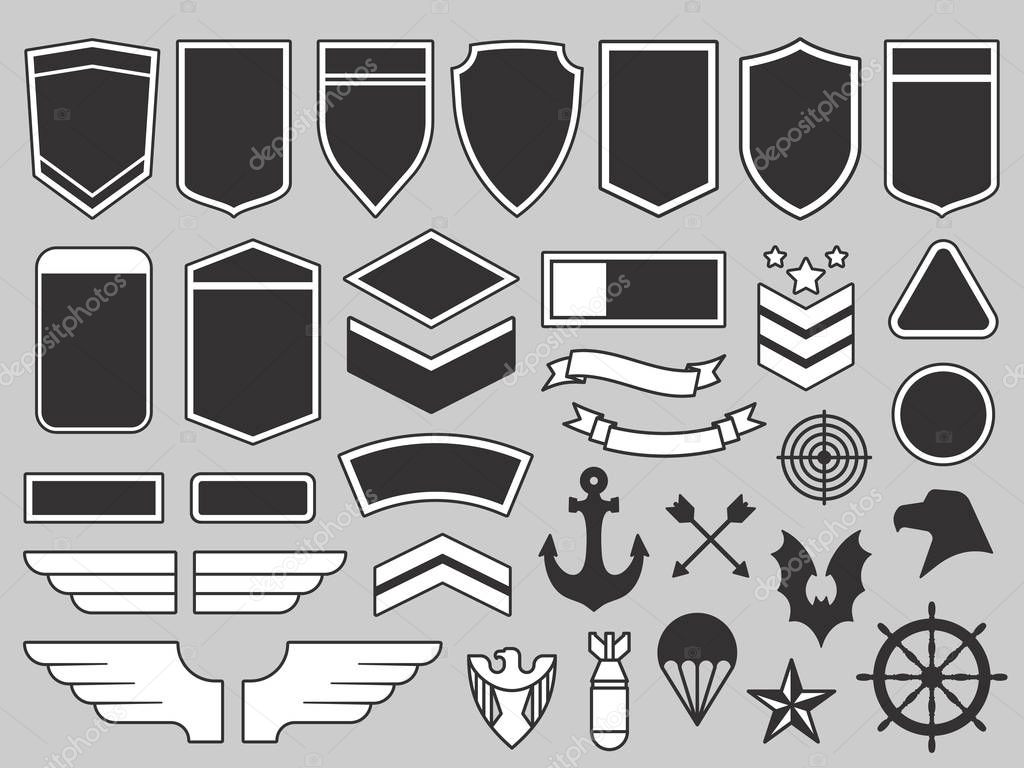 Military patches. Army soldier emblem, troops badges and air force insignia patch design elements or navy seals army logo. Airforce eagle badge vector isolated symbols set