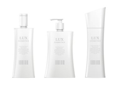 Gerçekçi Kozmetik Şişeler. Beyaz 3D şampuan şişesi, spa maskesi paketi ve banyo duş süt jel sabun izole vektör set