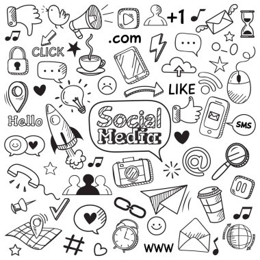 Sosyal medya doodle. Internet Web sitesi karalamalar, sosyal ağ iletişimi ve online web çizilmiş vektör Icons set el