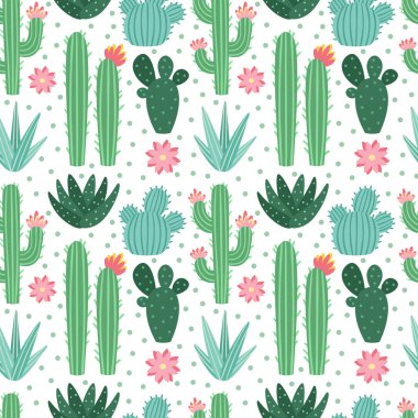 Sorunsuz kaktüs desen. Egzotik çöl kaktüsler houseplants, kaktüsler vektör arka plan yinelenen