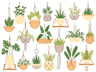 Tencere asılı içinde bitkiler. Dekoratif makrome el yapımı askıları saksıyı, asmak iç mekan bitkileri için. Çiçek dikim, plantar tencere bahçe dekorasyon düz izole vector Icons set