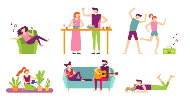İnsanlar rekreasyon evde. Genç çift harcama tatil ve rahatla, pişirme ve yemek veya müzik dinlemek için. Düz vektör izole set