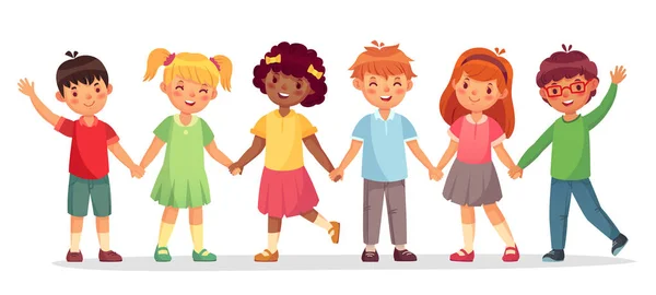 Equipa de crianças felizes. Crianças multinacionais, meninas e meninos da escola estão juntos de mãos dadas ilustração vetorial isolado —  Vetores de Stock