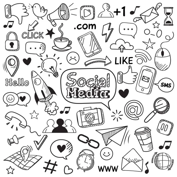 Um rabisco nas redes sociais. Internet site doodles, comunicação de rede social e on-line web mão desenhado conjunto de ícones vetoriais — Vetor de Stock