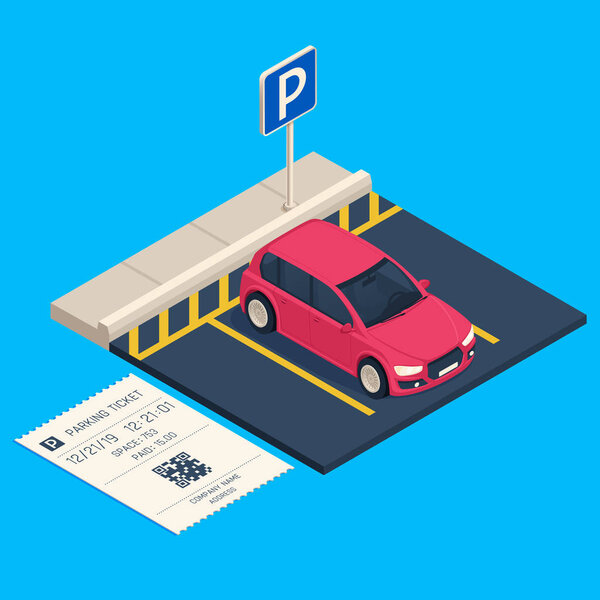 Isometric transport parking. Entrance parking space ticket, city urban car garage vector illustration