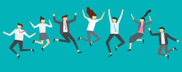 Selamat melompat orang bisnis. Para pekerja kantor yang bersemangat melompat ke pesta karyawan, tersenyum secara profesional dalam gambaran vektor lompatan - Stok Vektor