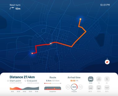Rota Pano. Şehir sokak gezinti, güzergah ve gps haritalar app düz vektör çizim takip çalışan şehir haritası