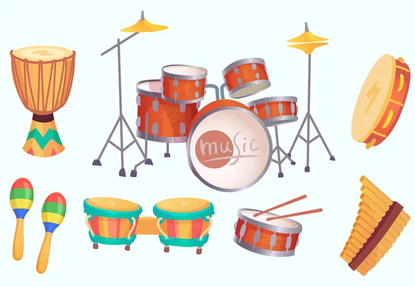 Tambores de dibujos animados. Instrumentos musicales de tambor. Instrumento musical vector colección aislada — Vector de stock