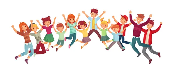 Saltando niños. Emocionado niños salto vector o ejercicio juntos ilustración aislado conjunto — Vector de stock
