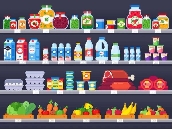 Productos alimenticios en el estante de la tienda. Estantes de la compra del supermercado, escaparate de la tienda de alimentos y elección de alimentos envasados venta vector ilustración — Vector de stock