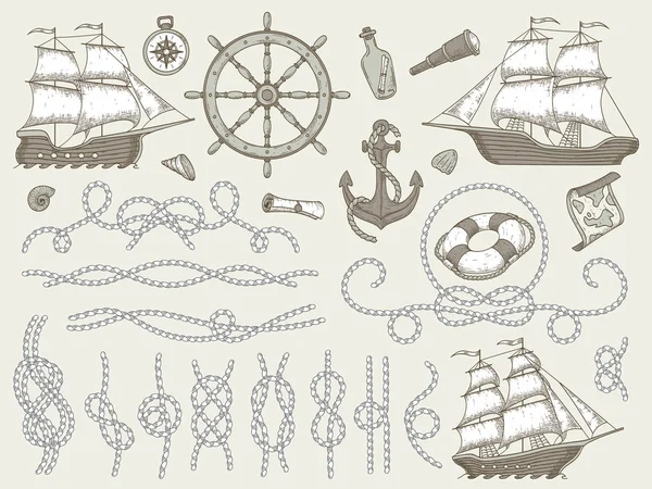 Dekorative marine Elemente. Seeseil-Rahmen, Segelboot oder Nautikschiff Steuerrad und nautische Seile Ecken Vektor-Set — Stockvektor