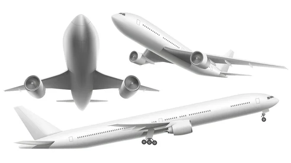 Realistische vliegtuigen. Passagiersvliegtuig, hemel vliegen vliegtuig en vliegtuig in verschillende weergaven geïsoleerd vectorillustratie — Stockvector