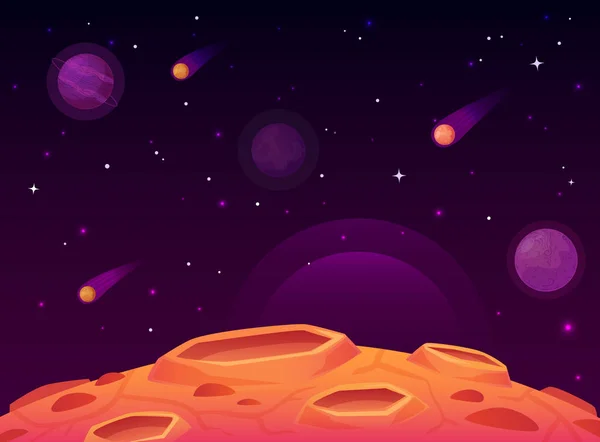 Superfície de asteróide espacial. Planeta com crateras superfície, planetas espaciais paisagem e cometa cratera desenho animado vetor ilustração — Vetor de Stock