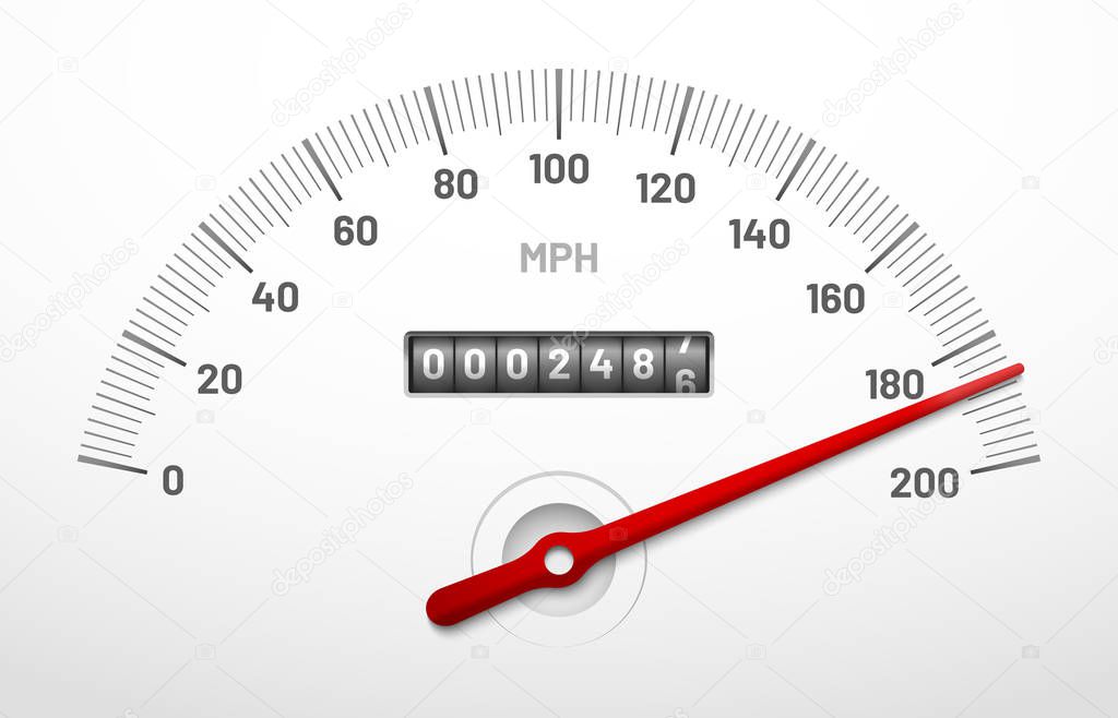 Car speedometer dashboard. Speed metre panel with odometer, miles counter and urgency dial isolated vector concept
