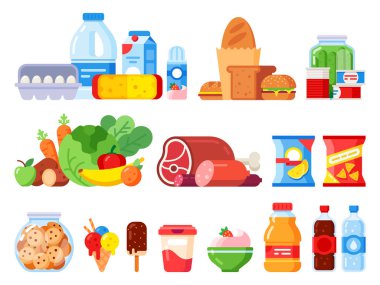 Gıda ürünleri. Pişirme ürün, süpermarket mal ve konserve gıda Paketli. Kurabiye kavanozu, krema ve yumurta düz vektör simgeler paketi
