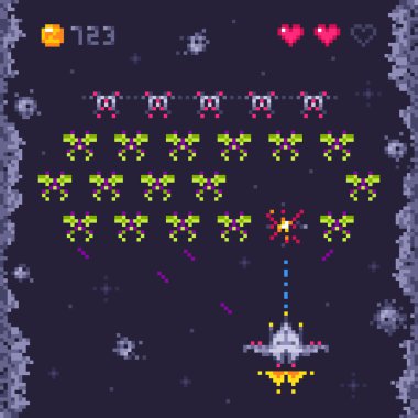 Uzay arcade oyun düzeyi. Retro işgalciler, piksel sanat video oyunları ve canavar işgalci uzay gemisi oyun vektör çizim