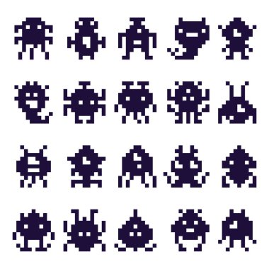 Piksel sanat işgalciler siluet. Space Invader canavar oyunu, piksel robotlar ve retro Atari oyunları izole vector Icons set